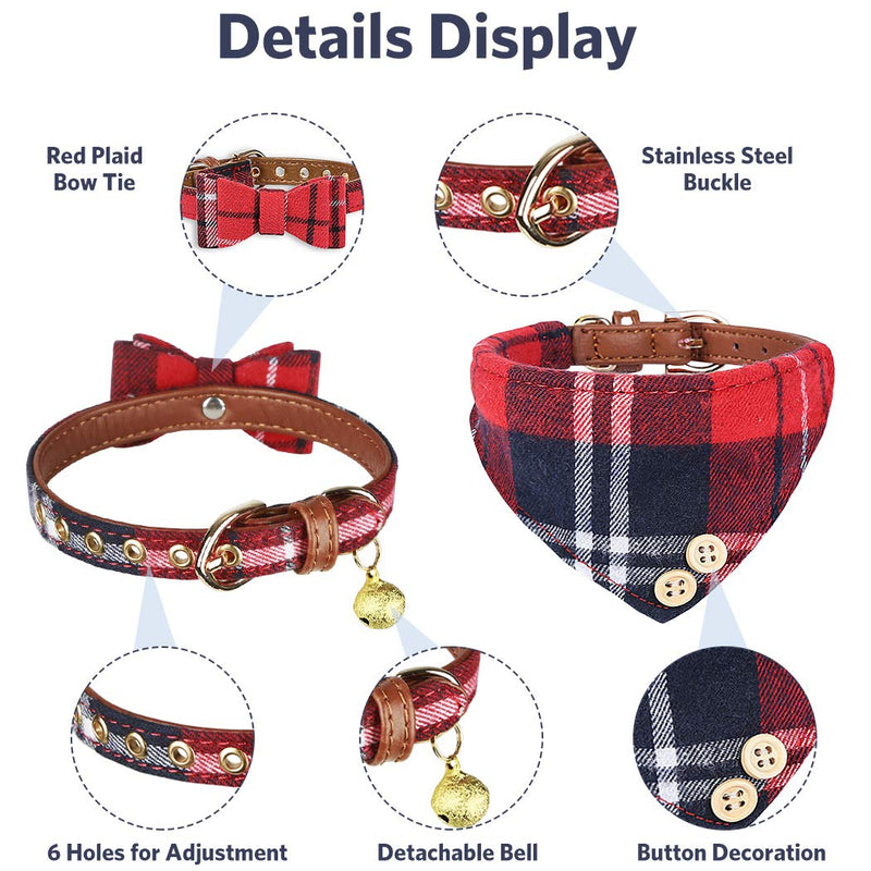 [Australia] - Bow Tie Dog Collar with Soft Leather Leash Set - Cute Adjustable Classic Plaid Puppy Bandana Collar with Bell, Fit for Small Dogs, Puppies and Cats Outdoor Walking 