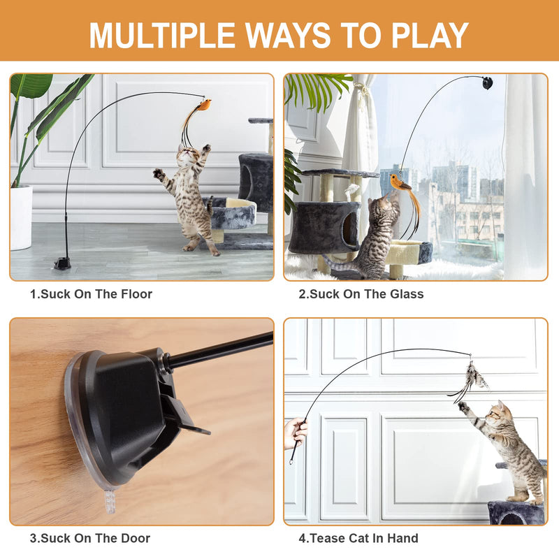 EASY JOY Interactive cat toy feathers, cat fishing feather, hummingbird cat toy set contains 6 feather toys for cats + 2 cat fishing rods + 1 suction cup (9 pieces)... suction cup style - PawsPlanet Australia