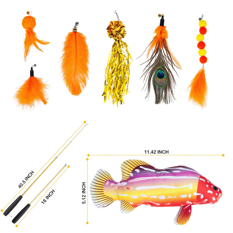 Pet Soft Feather Cat Toys 9pcs – Retractable Cat Feather Teaser Wand Toy Sets, Electric Floppity Fish Cat Toy with Catnip for Indoor Cats, Funny Interactive Cat Toys for Kitten Exercise Orange - PawsPlanet Australia