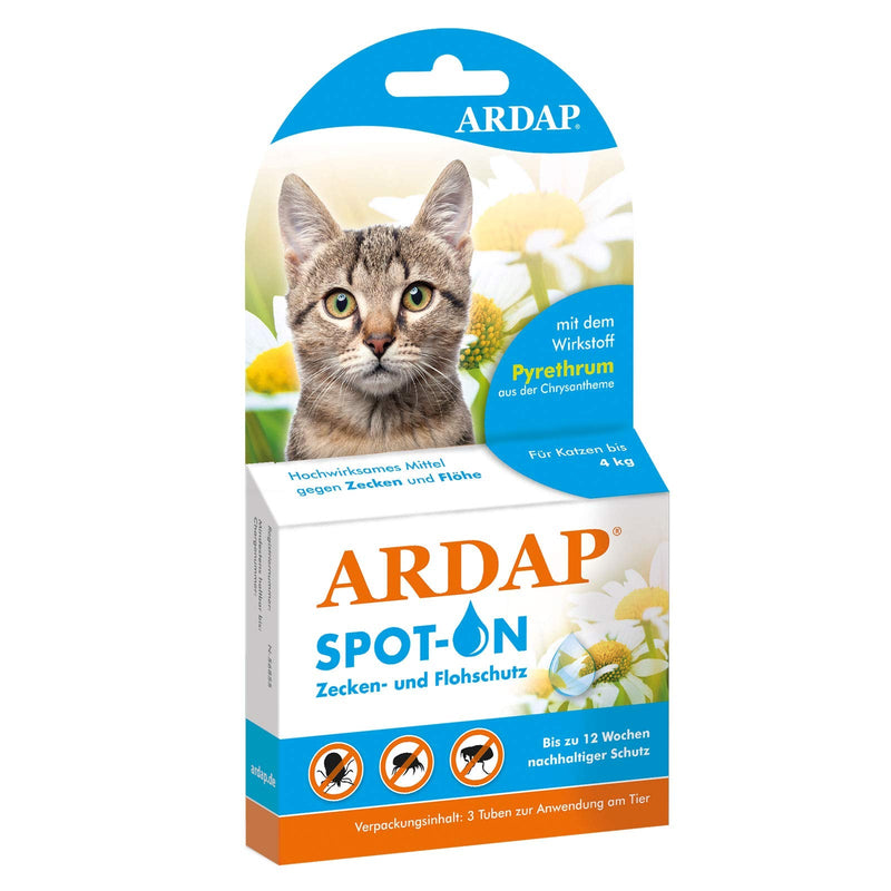 ARDAP Spot On for cats up to 4kg - Natural active ingredient - Tick treatment for cats, flea treatment for cats, tick protection for cats - 3 tubes of 0.4ml each - Up to 12 weeks of sustainable long-term protection - PawsPlanet Australia