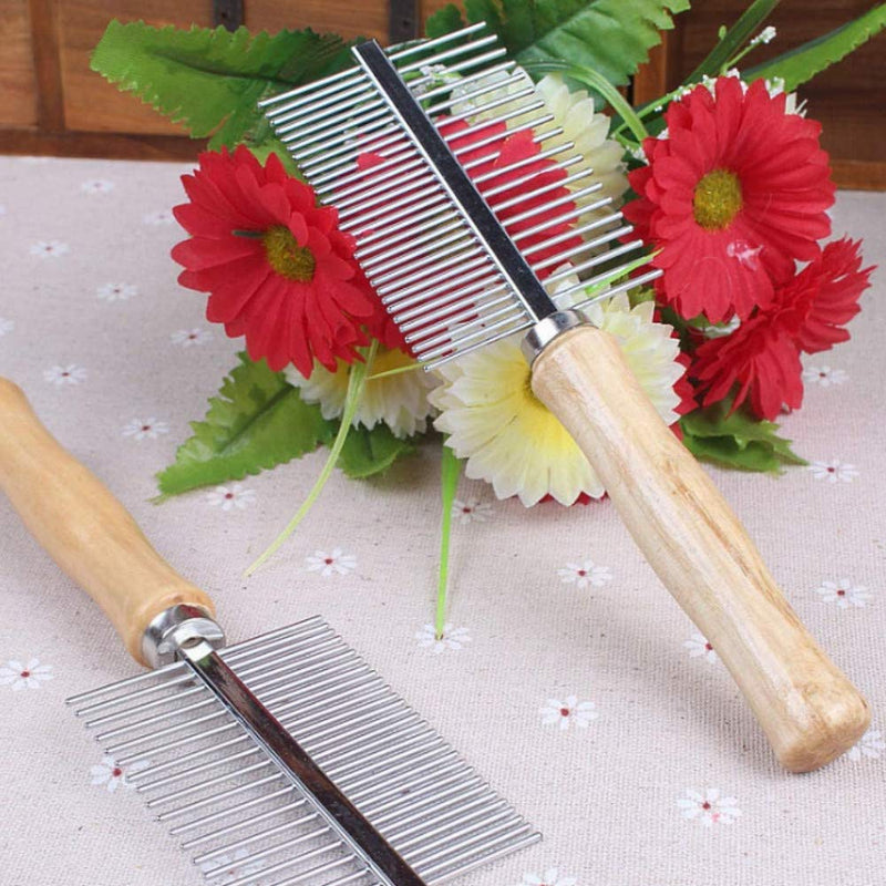 2 Pcs Pet Comb Dog Grooming Comb Stainless Steel Dog Comb Double-Sided Flea Comb with Wooden Handle for Medium and Large Pets - PawsPlanet Australia