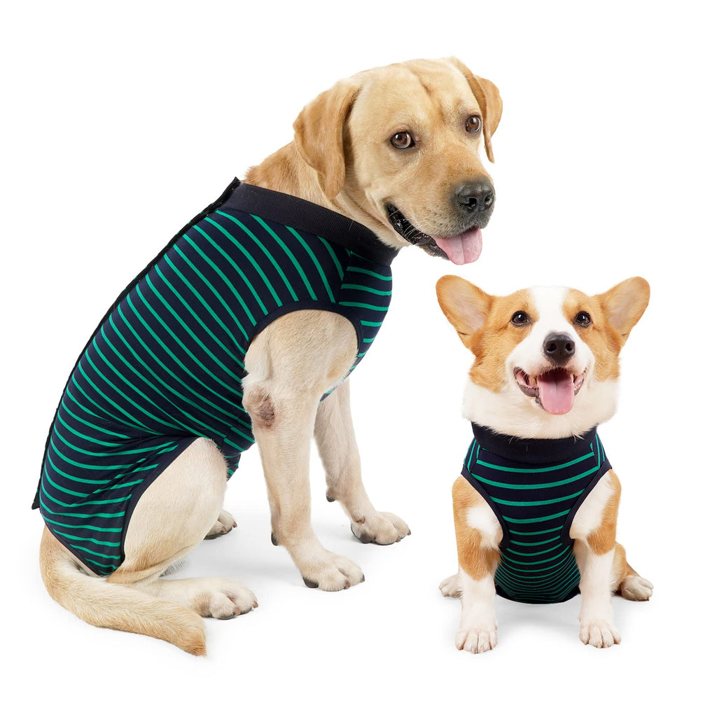 Dog Onesie Breathable Surgical Abdominal Wound Skin Protection Anti Leak Cone E-Collar Alternative Post Surgery L (Pack of 1) Green Stripes - PawsPlanet Australia