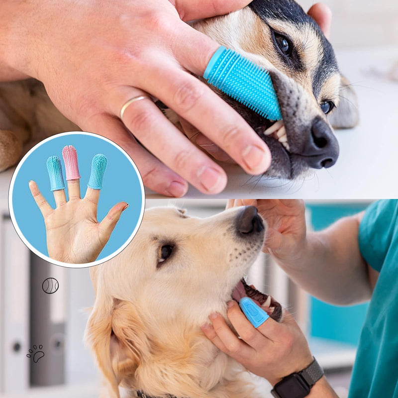 Pack of 4 Finger Toothbrush Dog Silicone Dog Toothbrush Food Grade Silicone 360° Fully Wrapped Cleaning Bristles for Cats Dogs Dental Care Anti-Plaque Toothbrush Dog (Blue, Pink) - PawsPlanet Australia