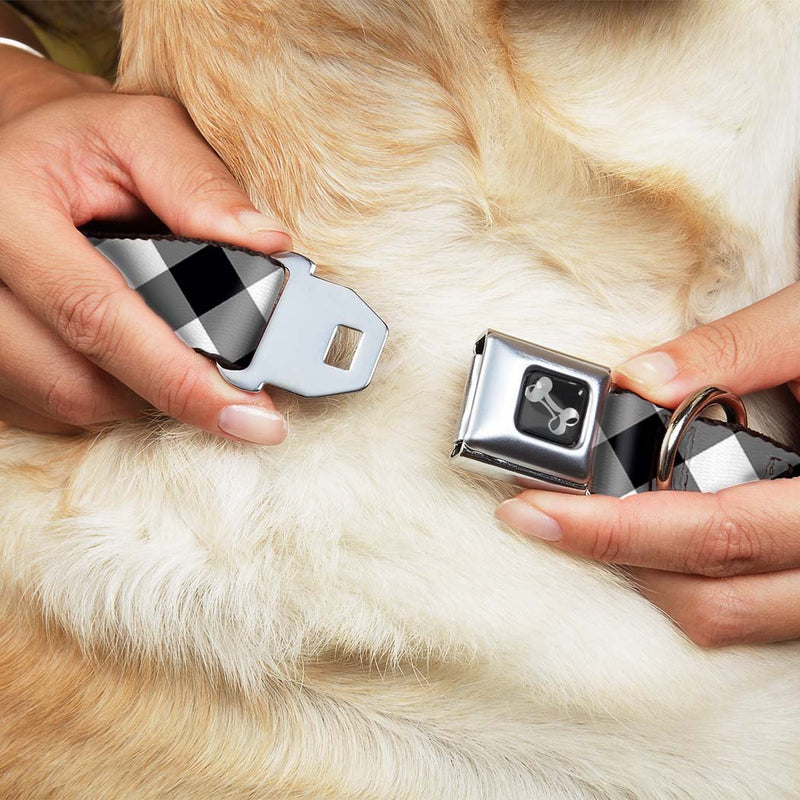 [Australia] - Dog Collar Seatbelt Buckle Diagonal Buffalo Plaid Black White 16 to 23 Inches 1.5 Inch Wide 