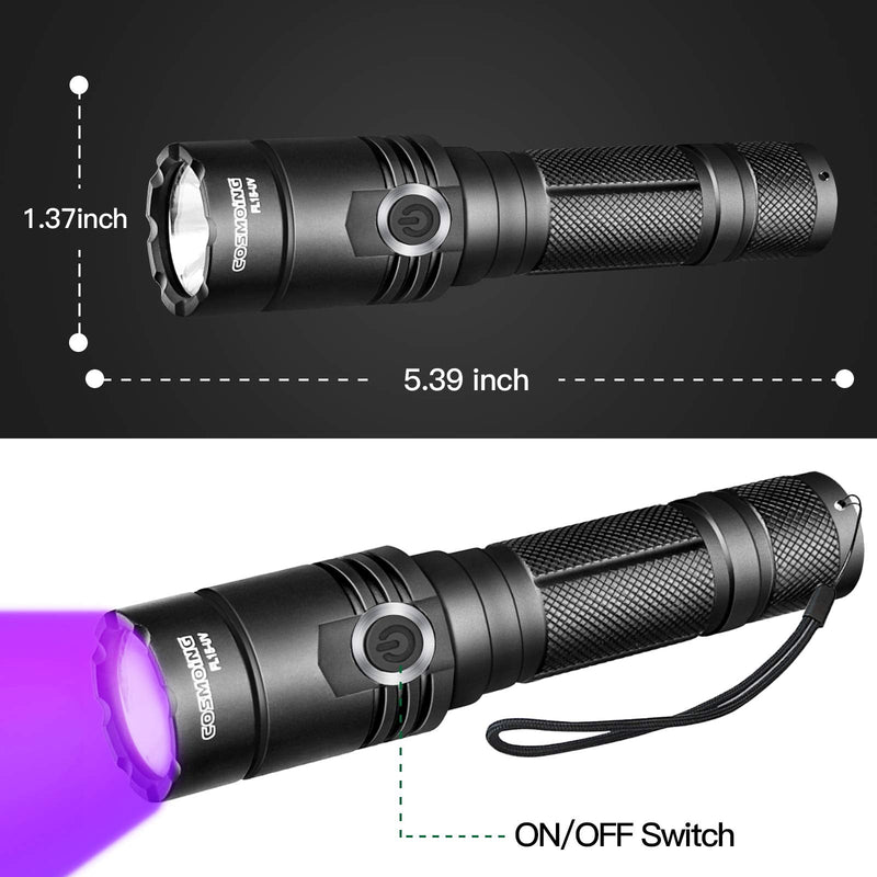 395nm UV Flashlight, COSMOING Upgrade Rechargeable Black Light, LED Ultraviolet Flashlight with Battery IP65 Waterproof Pet Urine Detector for Dog Cat Stains, Scorpion, Bed Bug, Household - PawsPlanet Australia