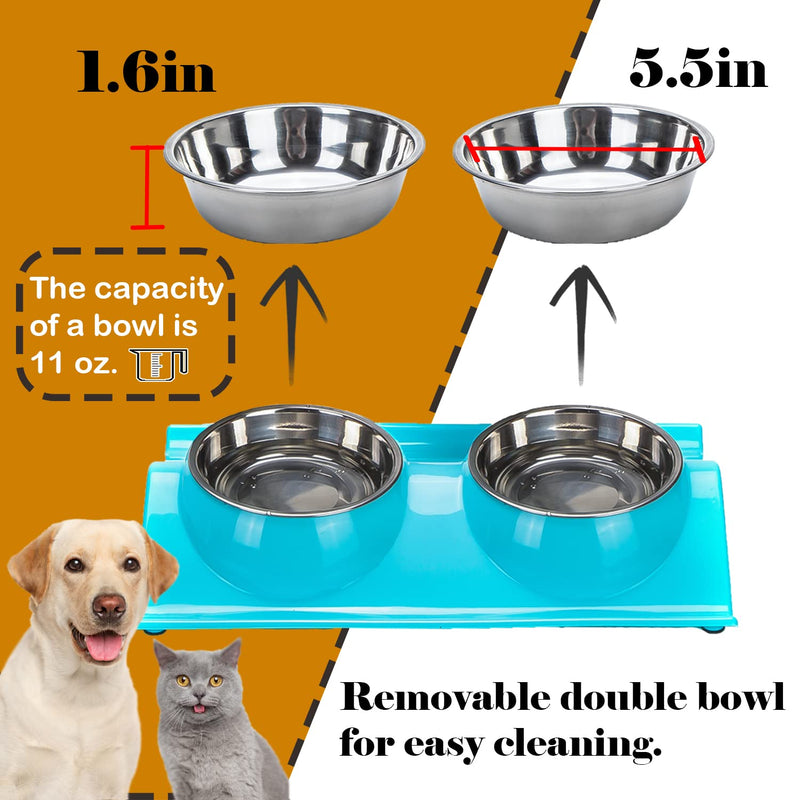 Vealind Double Dog Bowl Non-spill & Non-skid Raised Cat Bowl Feeder with Two Stainless Steel Bowls (Blue) Blue - PawsPlanet Australia