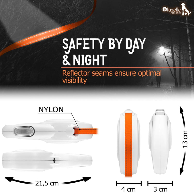 bluzelle 8m long dog leash for dogs up to 50kg, flexible retractable leash, neon orange, bright reflector strap with 360° metal carabiner hook, ergonomic handle, gray rubberized & retraction brake, white - PawsPlanet Australia