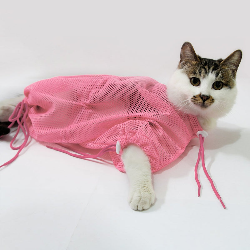 [Australia] - Adjustable Mesh Pet Cat Grooming Wash Bath Bag - Summer Daily Use Bathing Shower Bag for Small Animal Dog Cats Pet Triming Nail Cut Bag Pink 