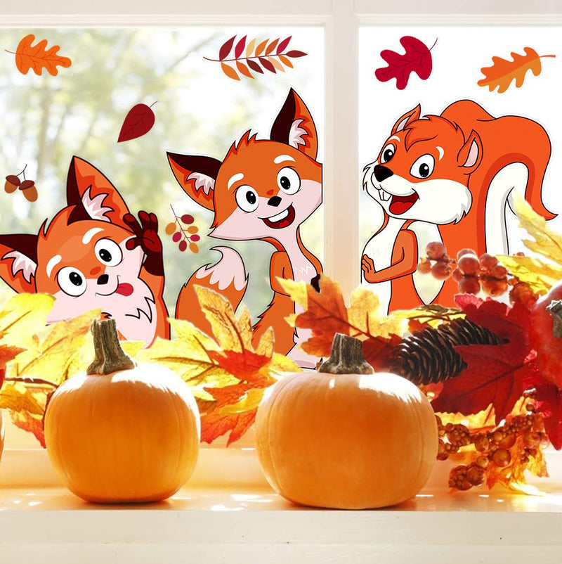 VEYLIN 6Sheet 150Pcs Thanksgiving Window Clings, Cute Cartoon Fall Animal Window Stickers for Seasonal Decorations - PawsPlanet Australia