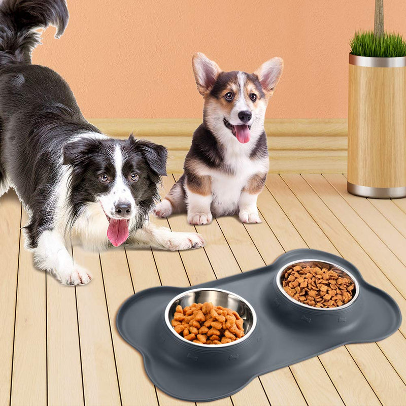 Plartree 2 x 850ML Dog Bowls, Stainless Steel Double Bowls Set with Pet Food Mat,18 * 11in Silicone Non Slip Dog Feeding Bowls for Dog Cat Bowl Water Food Feeding Mat(Grey) - PawsPlanet Australia