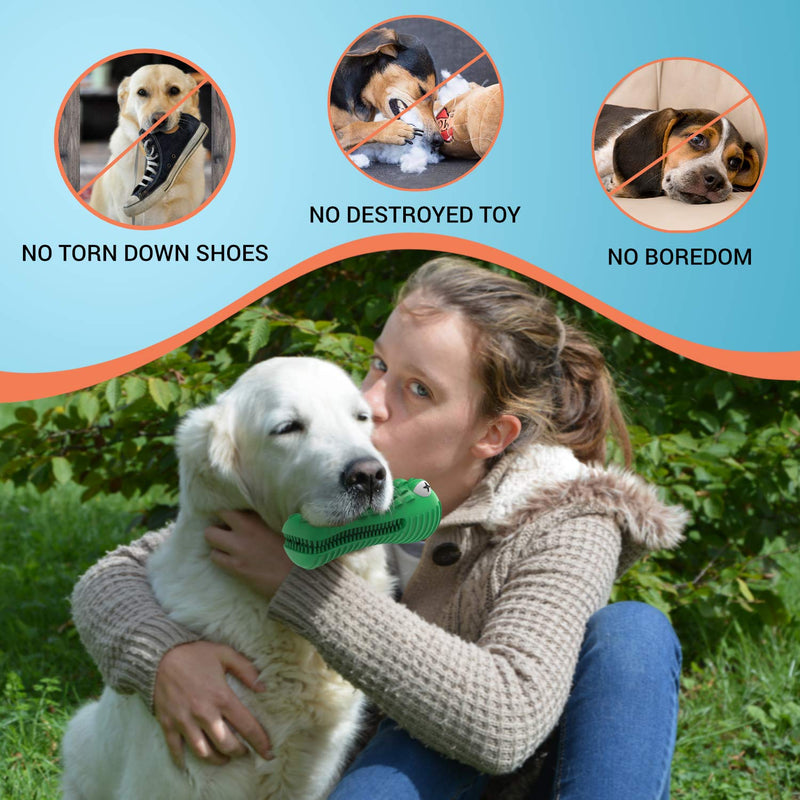 [Australia] - Tail Vibe Dog Chew Toy for Medium & Large Dogs - 2-in-1 Durable Dog Toy for Aggressive Chewers & Teeth Cleaner, 100% Natural Rubber, Puppy Squeaky Interactive Toy & Dental Care with Cleaning Brush 