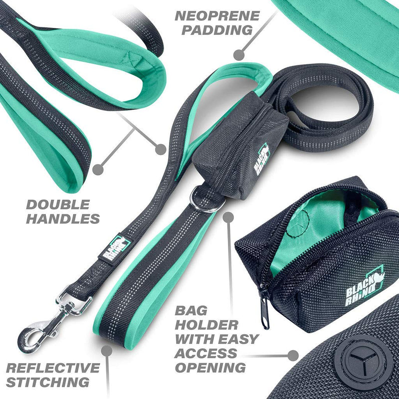 Black Rhino Dog Leash - Heavy Duty - Medium & Large Dogs | 6ft Long Leashes | Two Traffic Padded Comfort Handles for Safety Control Training - Double Handle Reflective Lead Aqua - PawsPlanet Australia
