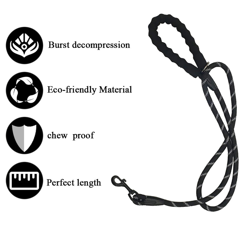 [Australia] - OFHome 5 FT Strong Dog Leash Heavy Duty Rope Leashes for Dogs with Comfortable Foam Handle and Highly Reflective Threads with Metal Clasp for Large Medium or Small Dogs black 