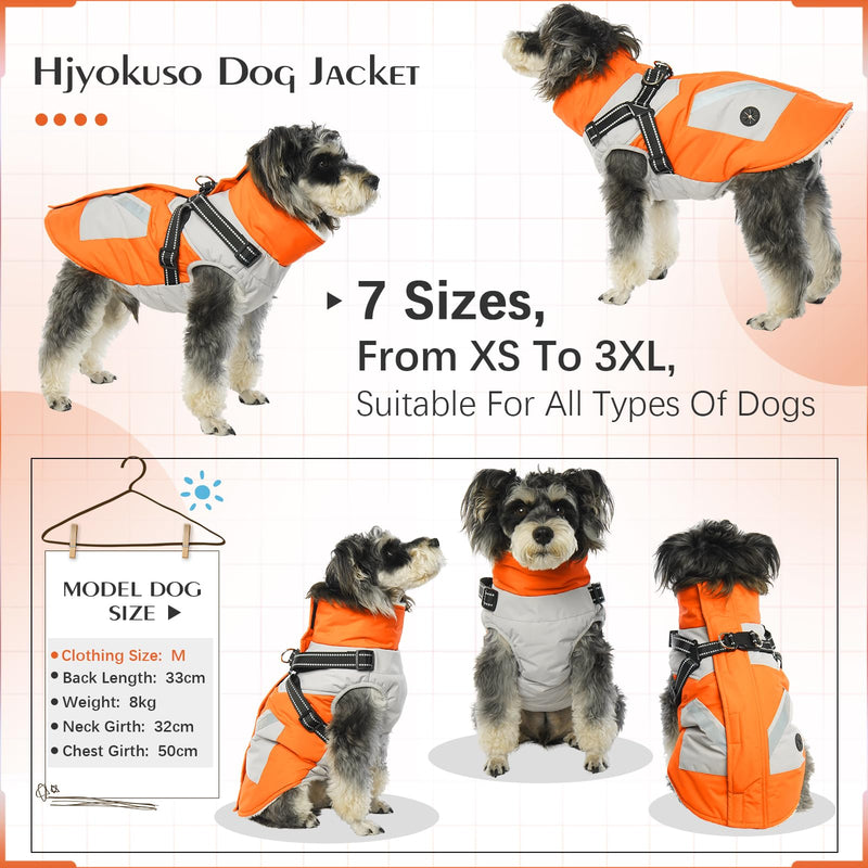 Hjyokuso Waterproof Dog Coat, Dog Jacket with Harness, Dog Jackets for Small Medium Large Dogs, Windproof Pet Clothes Outfit with Reflective Strips and Zipper - Orange 3XL - PawsPlanet Australia