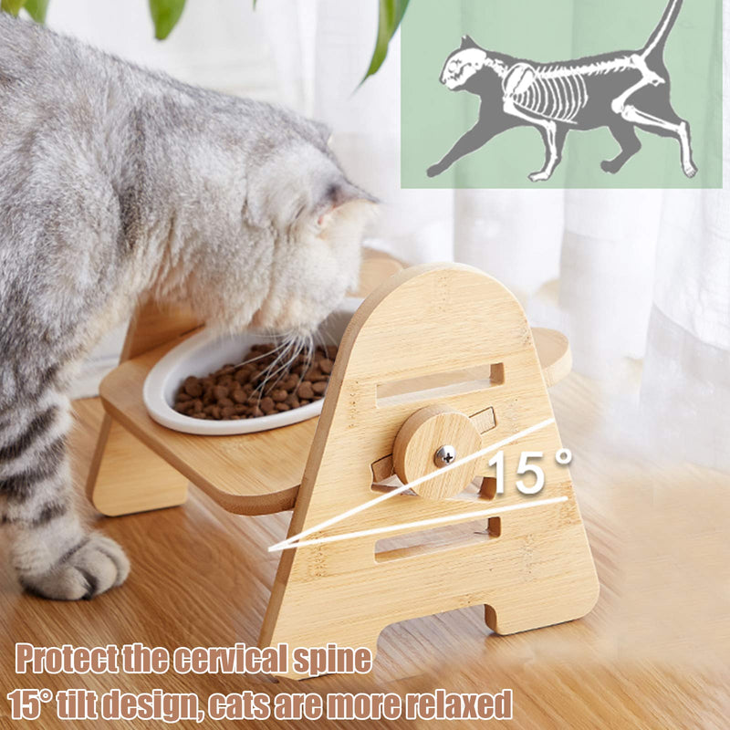 Cat Bowls,Raised Pet Bowl for Cats and Small Dogs White Ceramic Cat Bowl with Wood Stand Elevated Adjustable Height Raised Bamboo Dog Pet Feeding Station Stand Pet Food Water Bowl for Cats and Dogs - PawsPlanet Australia