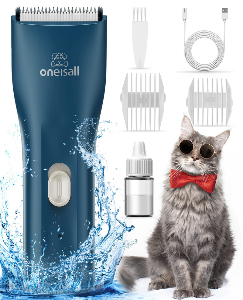 oneisall Quiet Cat Clipper, Professional Hair Clipper for Cats Long Hair, IPX7 Waterproof Cat Razor with Powerful Motor (Navy Blue) Navy Blue - PawsPlanet Australia