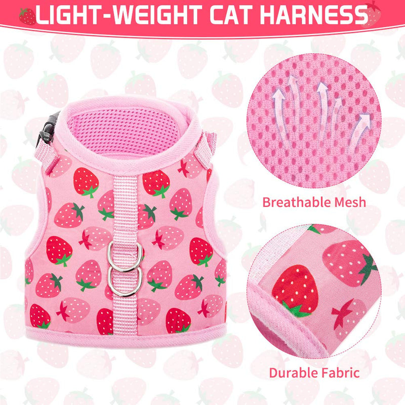 Strawberry Cat Harness and Lead Set- Escape Proof Adjustable Cute Kitty Puppy Floral Mesh Vest Harness for Walking, Pink Strawberry - PawsPlanet Australia