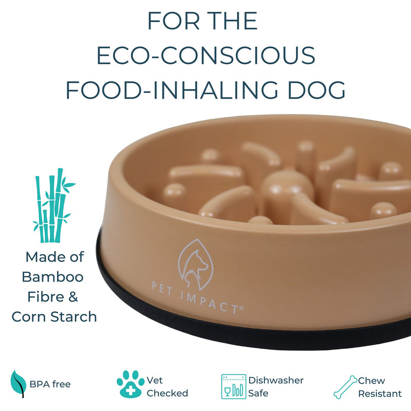 PET IMPACT Slow Feeder Dog Bowl, Natural Bamboo Fibre Bowl to Slow Down Eating, Prevent Risk of Choke Bloat Overeating with Interactive Feeding (Medium, Earth Brown) Medium - PawsPlanet Australia