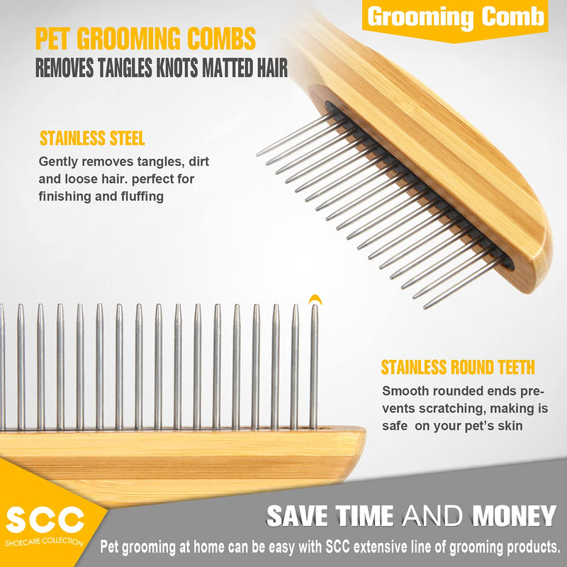 Premium Bamboo Dog Comb | Dematting Tool with Stainless Steel Shedding Comb for Dogs and Cats Coat | Best Dog Grooming Rake to Remove Loose or Tangled Hair from Undercoat. Comb for Dry & Wet Coat. - PawsPlanet Australia