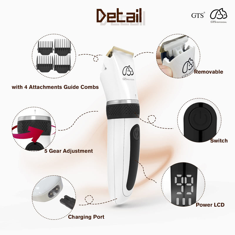 Pet Clippers Professional kit Grooming Dog Adjustable Clipper Low Noise Family Cordless Pet, Hair Trimmers for Dogs and Cats, Washable（IPX5), with LED Display. Black and White - PawsPlanet Australia