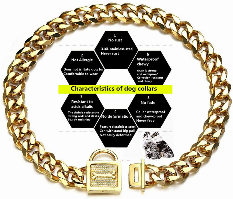 [Australia] - Aiyidi Strong Dog Chain Collar, 316L Stainless Steel Slip Choker Collar, with Personality Rhinestone Lock, 19MM Gold Cuban Link Chain,12-26inch, Water-Proof, Chew-Proof, for Medium & Large Dogs 12 inches (for 8.1''~10'' dog's neck) 