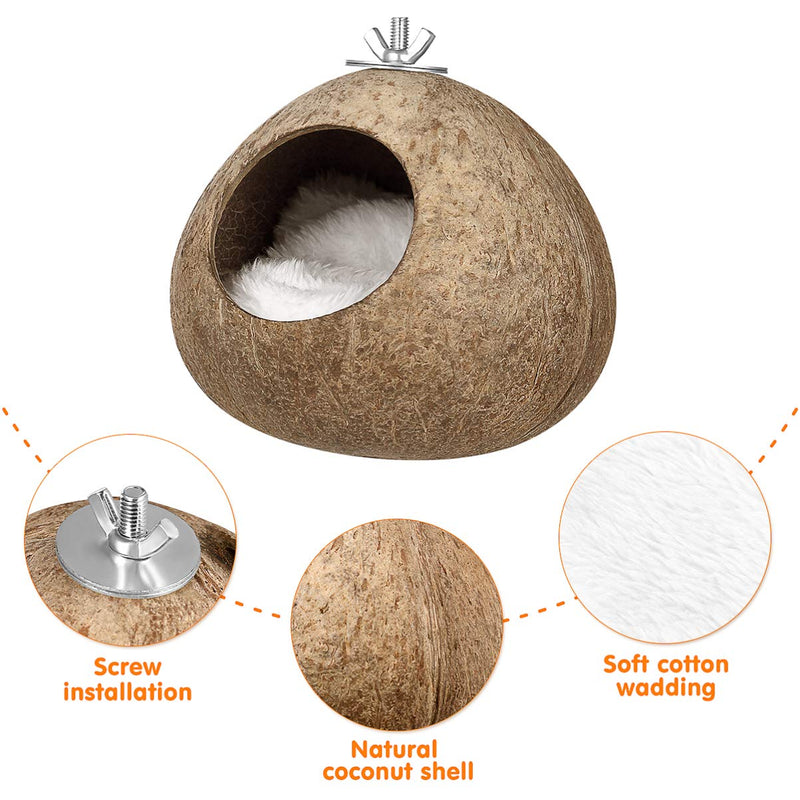 POPETPOP Natural Coconut Shell Bird House Small Animal Hideout Hut Sleeping Breeding Nest for Dwarf Hamster Parakeet Budgie Bird Cage Toy - PawsPlanet Australia