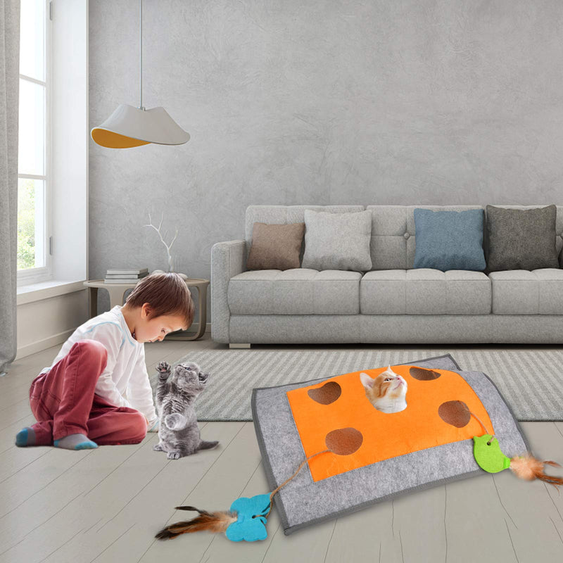 Cat Play Mat for Indoor Cats, Interactive Tunnel Cat Toy Scratching Mat Crinkle Scratch Bed Sleep Mats with Peek Hole, Small Bell, Butterfly/Bird Toy, Feathers for Cats Kittens Kitty - PawsPlanet Australia