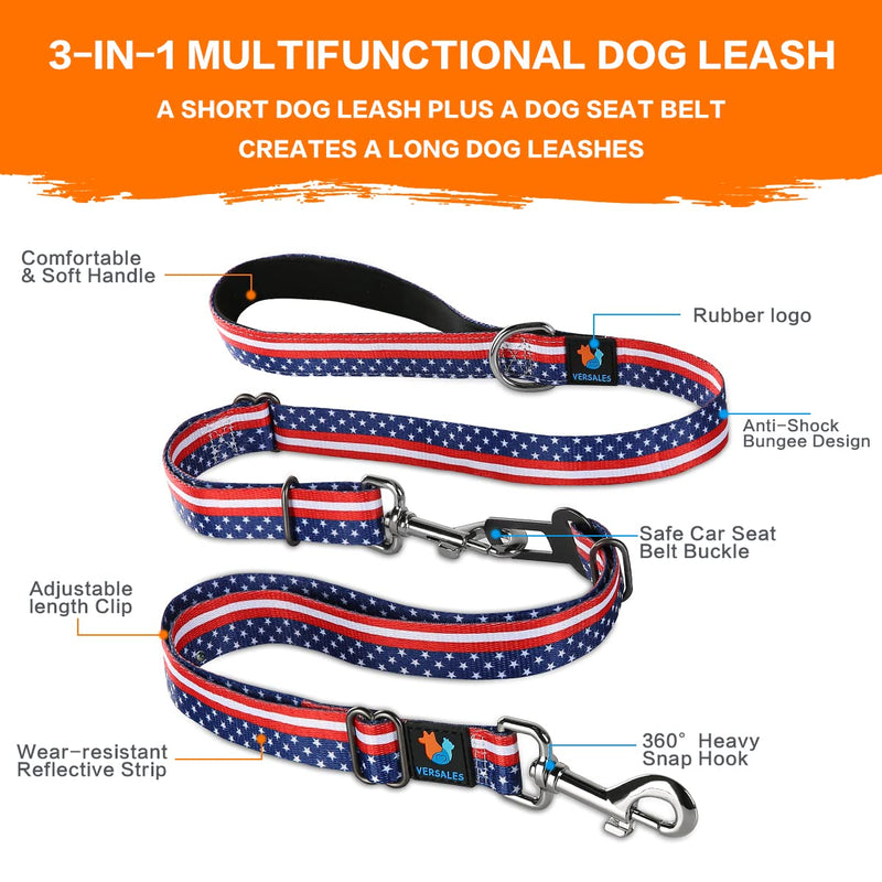 VERSALES Dog Leash, 4/6 FT Dog Leash for Large Dogs Heavy Duty Dog Leashes for Medium and Small Dogs, Reflective Bungee Dog Leash for Dog Training, Nylon Dog Leash and Seatbelt Set American Flag/Dog Leash and Seatbelt Set - PawsPlanet Australia