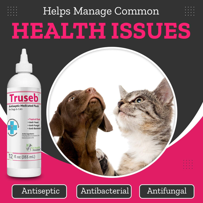 Pet Health Pharma Medicated Flush for Dogs & Cats Chlorhexidine Gluconate 0.2% and Ketoconazole 0.2% Treat Broad Spectrum, Contains Soothing Aloe Vera, Clear The Ear (Made in U.S.A) 12 Oz - PawsPlanet Australia