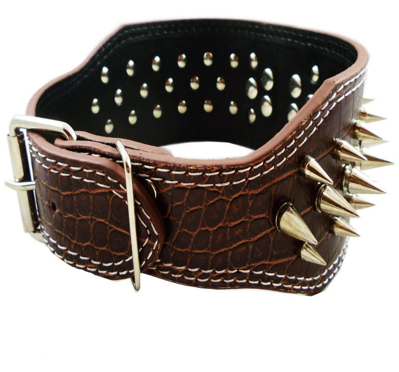 [Australia] - Dogs Kingdom Faux Croc Leather Spiked Dog Collar 3" Wide, 40 Large Spikes Pet Supplies L Brown 