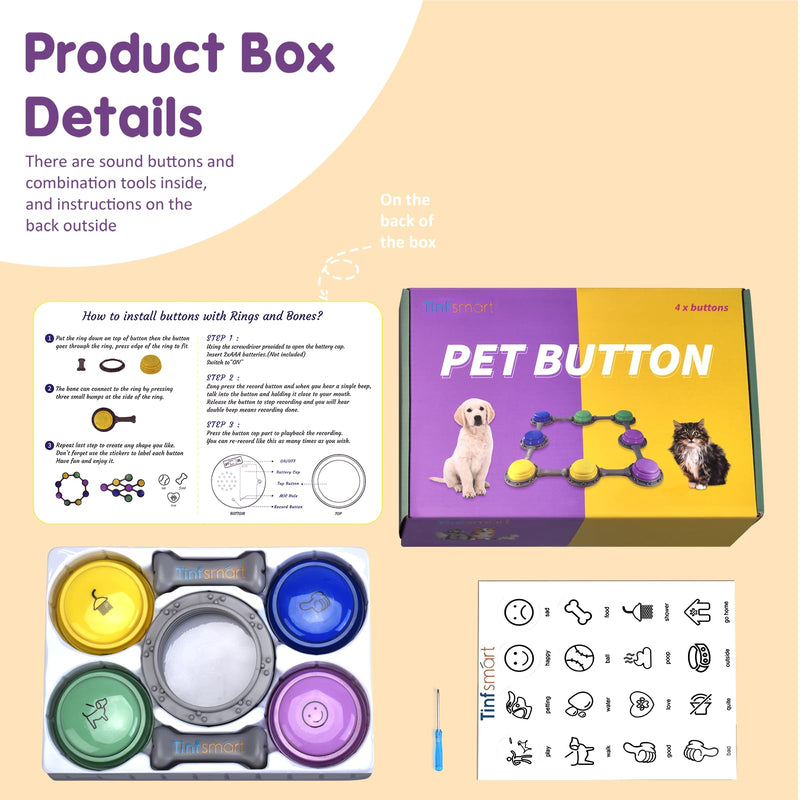 Tinfsmart Dog Button Talk Kit, 4 Pack Pet Talking Button Set, Speaking Button for Dogs and Cats, 30s Voice Recordable Pet Training Buzzer (Style-a [4packs]) Style-a [4packs] - PawsPlanet Australia