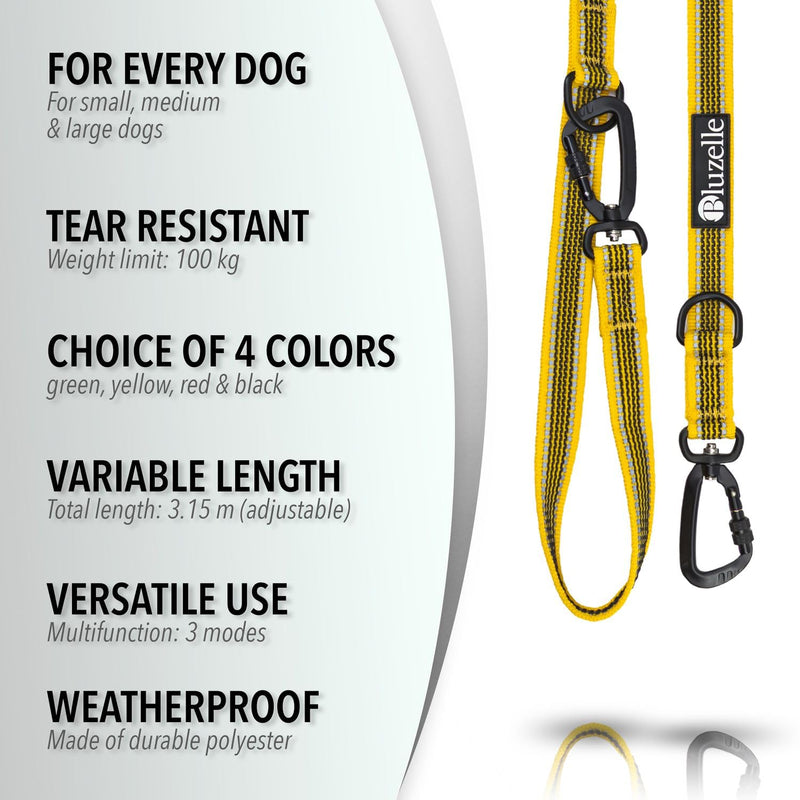 bluzelle Strong dog leash 3 m for large dogs up to 100 kg, extra robust 360° aluminum carabiner hook, rubberized double leash for 2 dogs, adjustable hands-free leash for hanging around the neck, color: yellow - PawsPlanet Australia