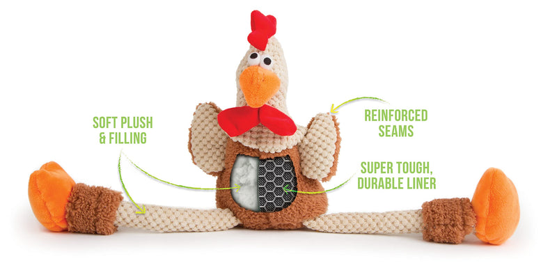 goDog Checkers Skinny Rooster With Chew Guard Technology Tough Plush Dog Toy,Brown, Large - PawsPlanet Australia