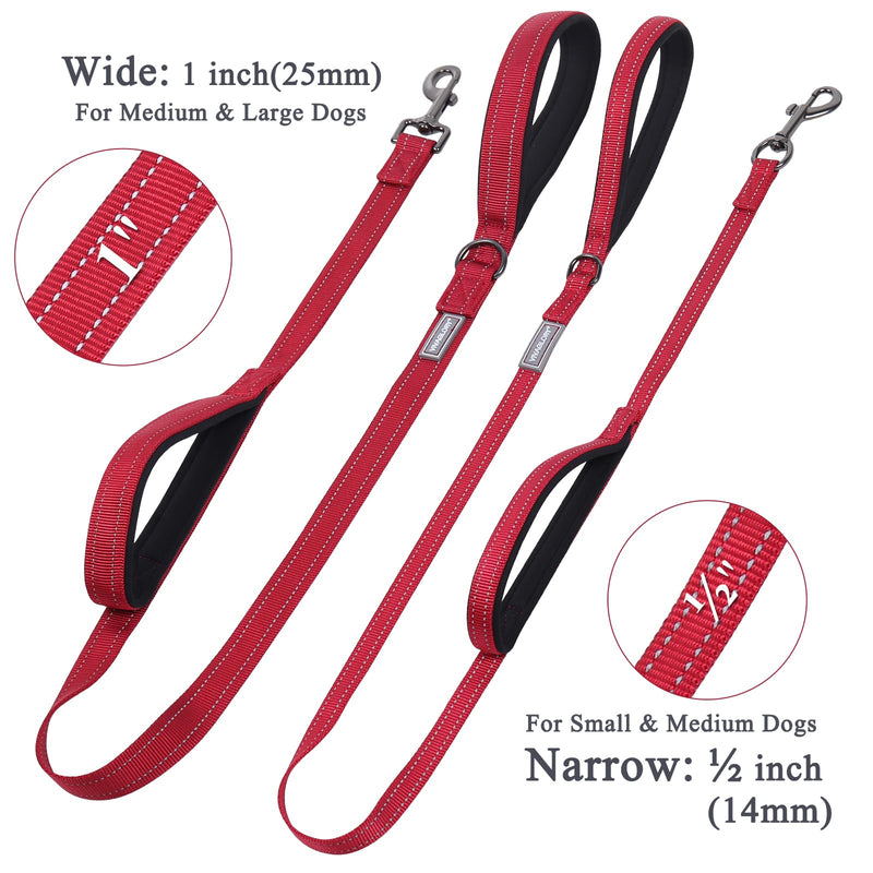 VIVAGLORY Traffic Handle Dog Lead, Dog Lead with Two Padded Handles, Strong Reflective & Metal Hook Training Lead for Dogs, Red 1.2 m x 1.4 cm - PawsPlanet Australia