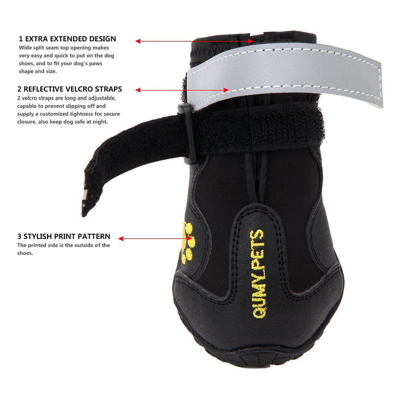 [Australia] - QUMY Dog Boots Waterproof Shoes for Dogs with Reflective Strape Rugged Anti-Slip Sole Black 4PCS size 6: 2.9"x2.5"(L*W) 
