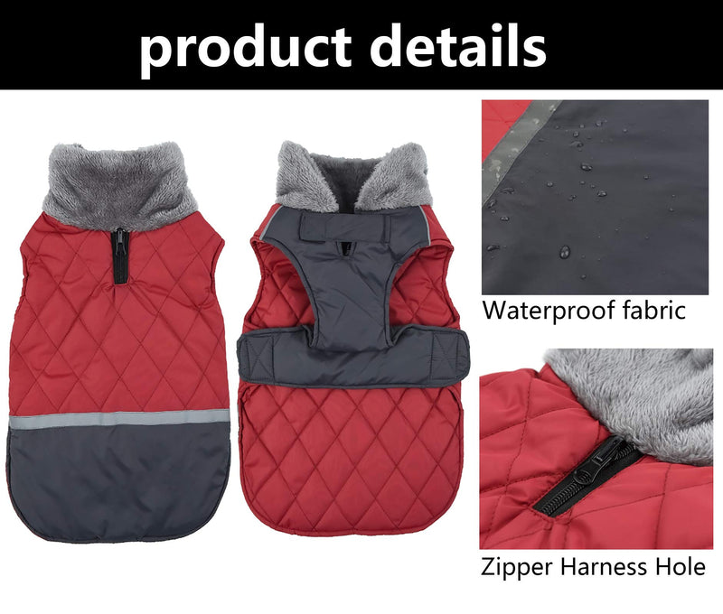 Morezi Dog Winter Reversible Coat, Puppy Waterproof Coat, Windproof Padded Lining Dog Jacket with Reflective Strip for Doggie Small Medium Dogs - Red - S Small (Length 30.5cm) - PawsPlanet Australia