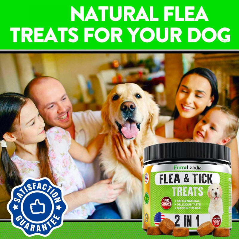 FurroLandia Chewable Flea & Tick Treats for Dogs - Made in USA - 140 Soft Chews - Natural Flea and Tick Supplement for Dogs | No Mess | No Collars - Bacon Flavor - PawsPlanet Australia