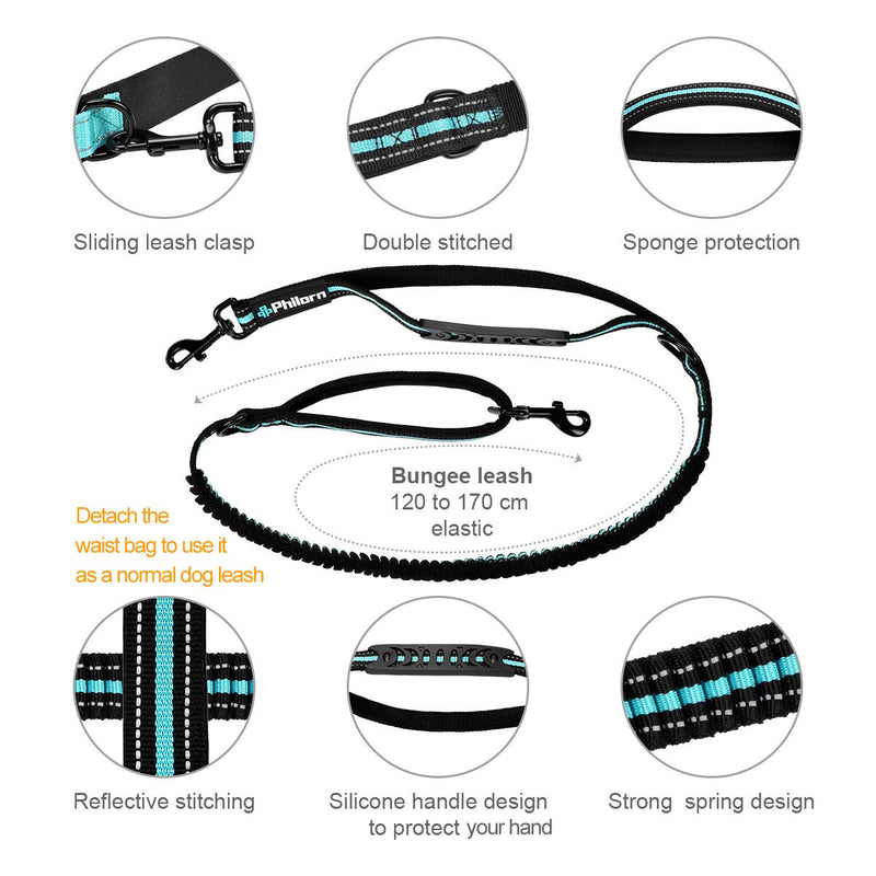 Philorn freehand dog leash 120 to 170 cm with belt bag, jogging leash dogs, freehand leash | Reflective to 55KG, Adjustable Waist Belts, Double Handle Bungees for Running, Walking Blue - PawsPlanet Australia