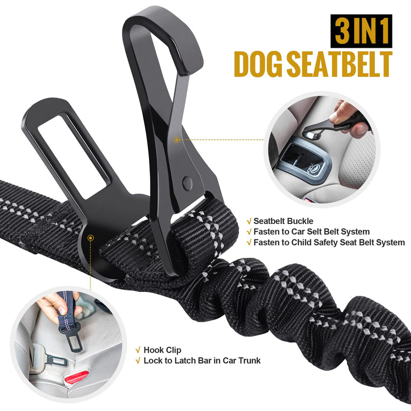 OneTigris Dog Seat Belt 3-in-1 Bungee Dog Leash for Dogs, Heavy Duty Dog Leash for Car Durable Nylon Reflective Bungee Fabric Tether with Clip Hook Latch & Buckle, Swivel Zinc Alloy Carabiner Black - PawsPlanet Australia