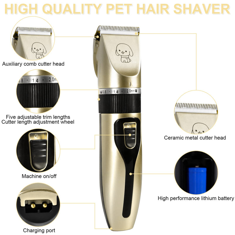 AOUVT Professional Clipper, 13 Piece Pet Grooming Set, Removable, Washable Ceramic Head, Rechargeable Pet Trimmer, Low Noise Pet Trimmer for Cats and Dogs Gold - PawsPlanet Australia