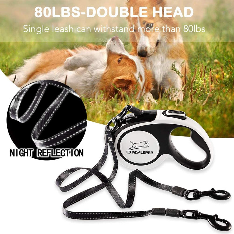 Dual Retractable Dog Leash - Double-Head Lockable Extendable Pet Leash - 16ft Reflective Nylon Ribbon - 360° Tangle-Free for Two Dogs Walking Training, Up to 160 lbs Total, 80 lbs Each - PawsPlanet Australia