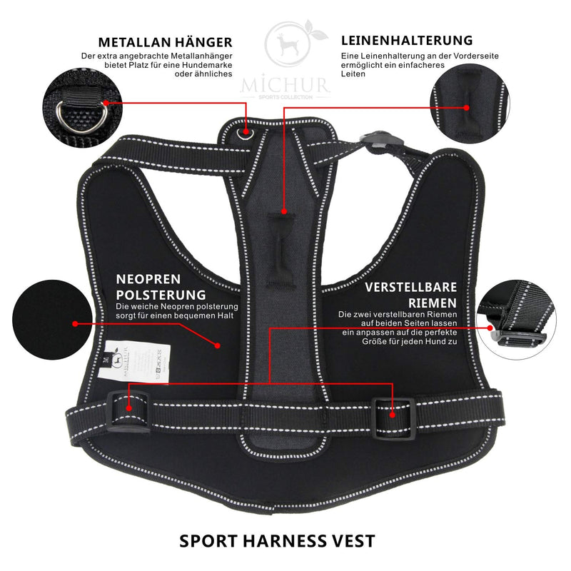 Michur Joel Black Harness, life jacket, dog vest, dog harness medium small large, with Neopren, reflective strong Chest circumference 14.96-19.29" - PawsPlanet Australia