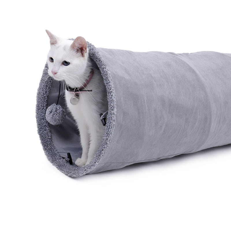 OHANA Collapsible Cat Tunnel Toy in suede, Large cat tunnels for indoor cats rabbits with 2 holes and suspended ball Dia30*130cm M - Dia30*130cm - PawsPlanet Australia