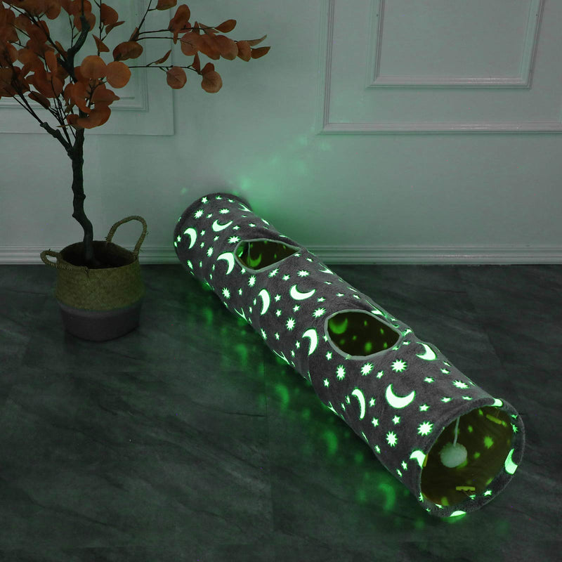 LUCKITTY Cat Tunnel Tube with Plush Ball Toys Collapsible Self-Luminous Photoluminescence, for Small Pets Bunny Rabbits, Kittens, Ferrets,Puppy and Dogs Grey Moon Star 47.2Inch - PawsPlanet Australia