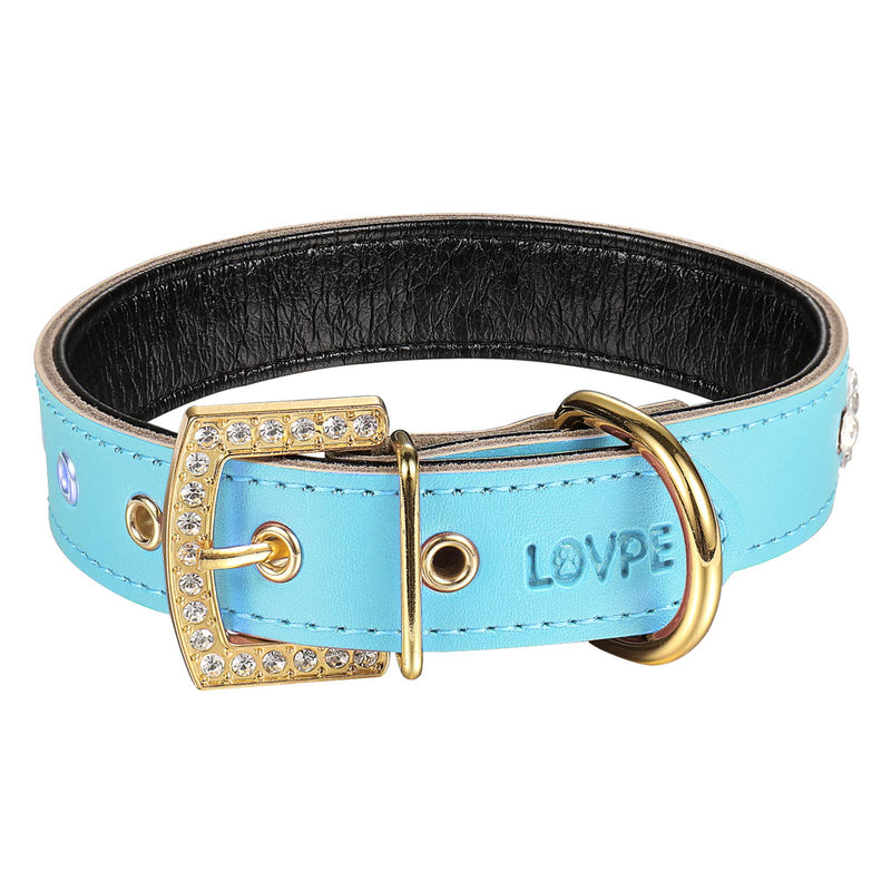 LOVPE Golden Rhinestone Buckle with 3 Rows Personalized Rhinestone Leather Bling Crystal Dog Collar for Dogs Small Medium Breeds (M, Blue) M - PawsPlanet Australia