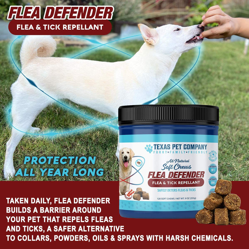 Texas Pet Company Flea Defender Flea & Tick Repellant All Natural Soft Chews, Easy to Chew for Large and Small Dogs, Natural Bacon Flavor, Made in The USA, 120 Chews, 9 Ounces / 255 Grams - PawsPlanet Australia