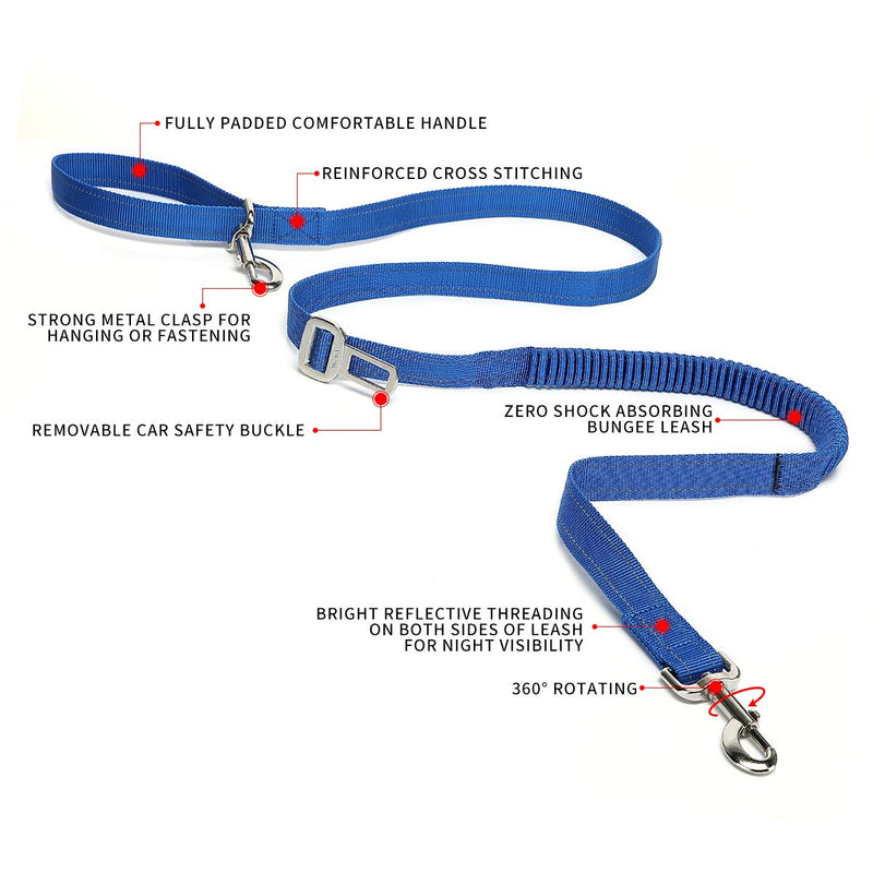 [Australia] - TUDEQU 4-IN-1 Hand Free Reflective Dog Leash with Waist Bag Car Seat Belt Buckle Ybgs Blue Bag+blue Leash 