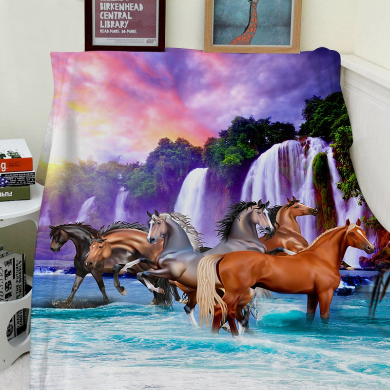 Violetpos Thick Blanket Soft Warmth Cozy Flannel Fleece Sofa Blanket Cover Blanket Beautiful Falls the Sky Horses Ma Sunrise 150 x 200 cm - PawsPlanet Australia