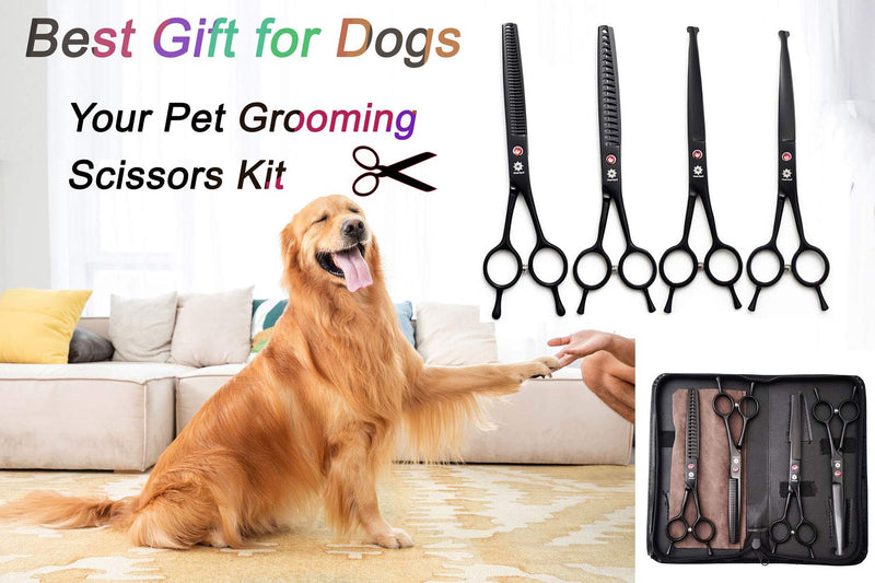 [Australia] - Dream Reach Professional Pet 7.0 Inches Cat Dog Grooming Shears Scissors, Straight, Curved, Thinning/Blending/Chunking Scissors Kit 4-Set Blunt Tip 