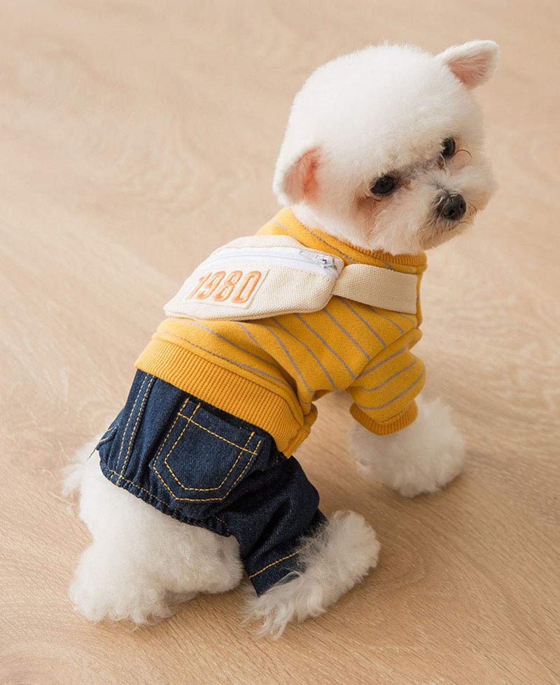 [Australia] - MilTrees Dog Denim Clothes Pet Adorable Sweatshirt & Jeans Onesies Outfits for Medium Small Dogs Puppy Jumpsuit Cat Pants XS(Chest:12.01" Length:7.87") Yellow & Sling Bag Attached 